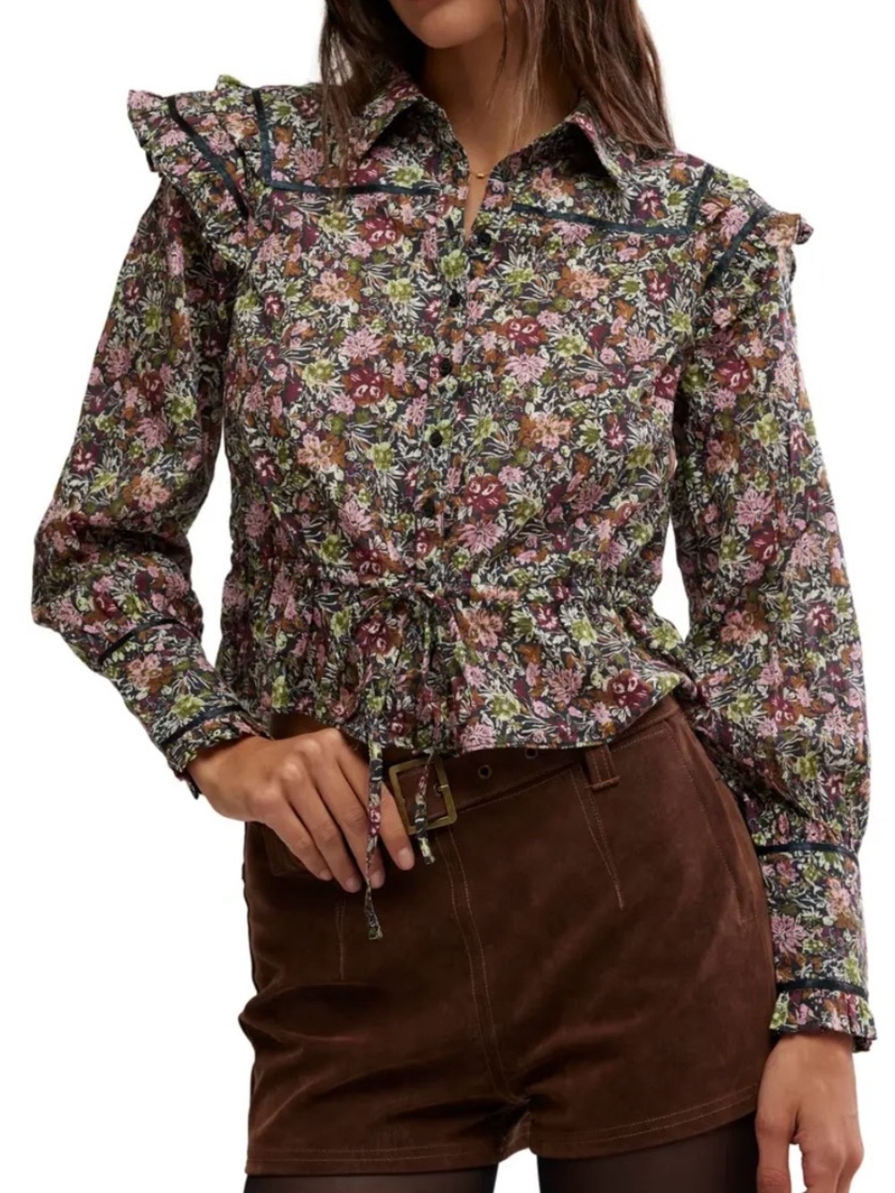 Free People Floral Drawstring Peplum Blouse - Multi Floral